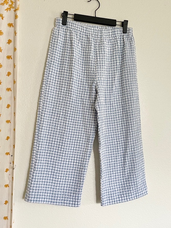 Vintage Pants - Vintage 80s Blue White Gingham Textured Capri Pants Elastic Waist M